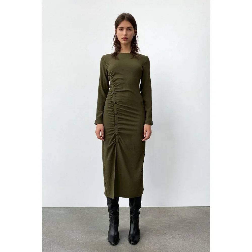 Zara Dress Green Button Front Crepe Long Sleeve Draped Midi - Picture 1 of 11